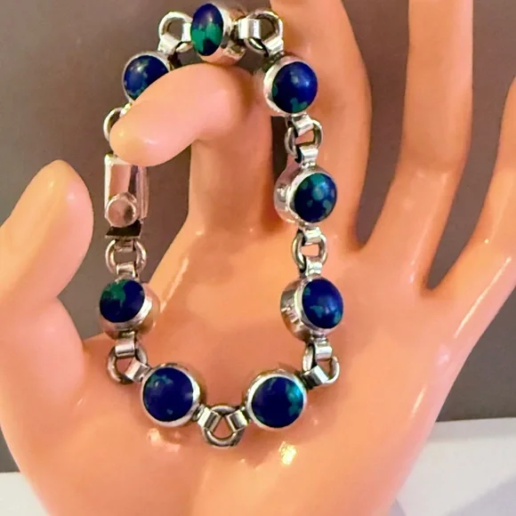 Taxco Silver Bracelet with Blue and Green Accents - Picture 3 of 9